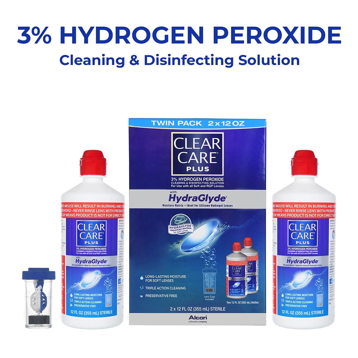 The image showcases Alcons Clear Care Plus Cleaning Solution with Hydraglyde, Twin Pack, featuring two 12 oz bottles and a lens case, highlighting the hydrogen peroxide cleaning and disinfection.