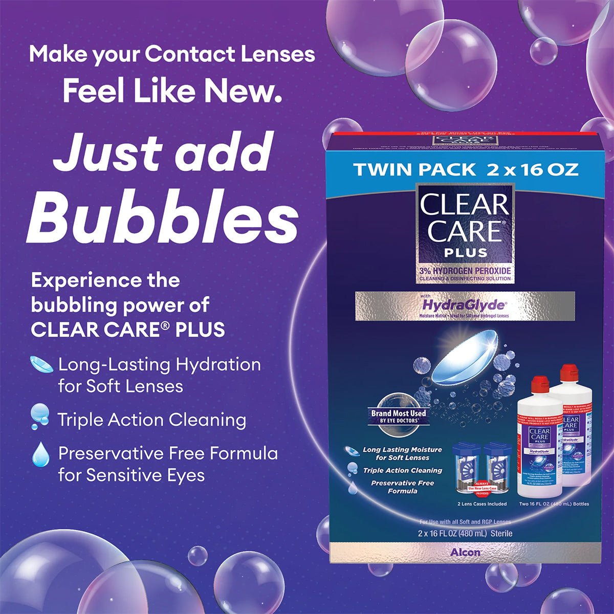 Introducing Alcons Clear Care Plus Cleaning Solution with Hydraglyde, Twin Pack: 12 Oz of preservative-free, triple action cleaning and long-lasting hydration. Enhanced with advanced hydrogen peroxide, all set against a vibrant purple backdrop with floating bubbles.
