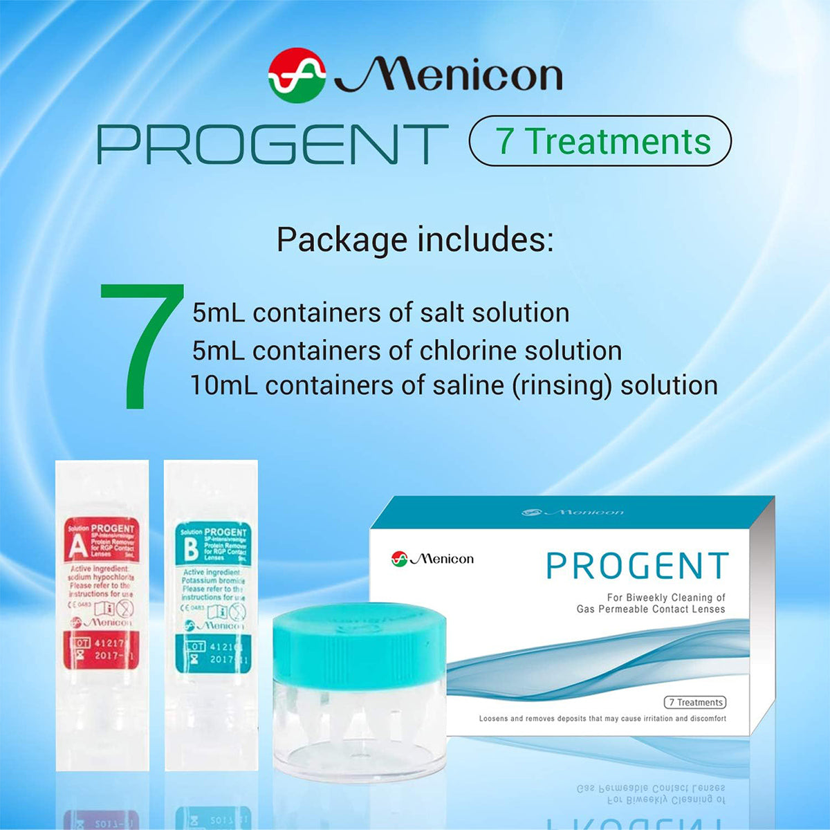 Image of Menicon Progent Biweekly Contact Lens Cleaner packaging includes seven pairs of labeled solutions A and B, a lens holder case, and a box. Designed to remove protein deposits from gas permeable lenses using salt and chlorine solutions.