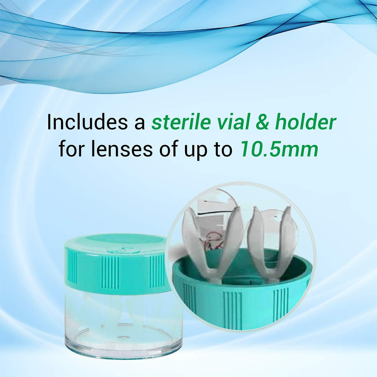 A Menicon Progent container with a teal lid is shown on a light blue background, revealing a vial and holder for gas permeable lenses up to 10.5mm. Text states: Includes protein remover for lens clarity.