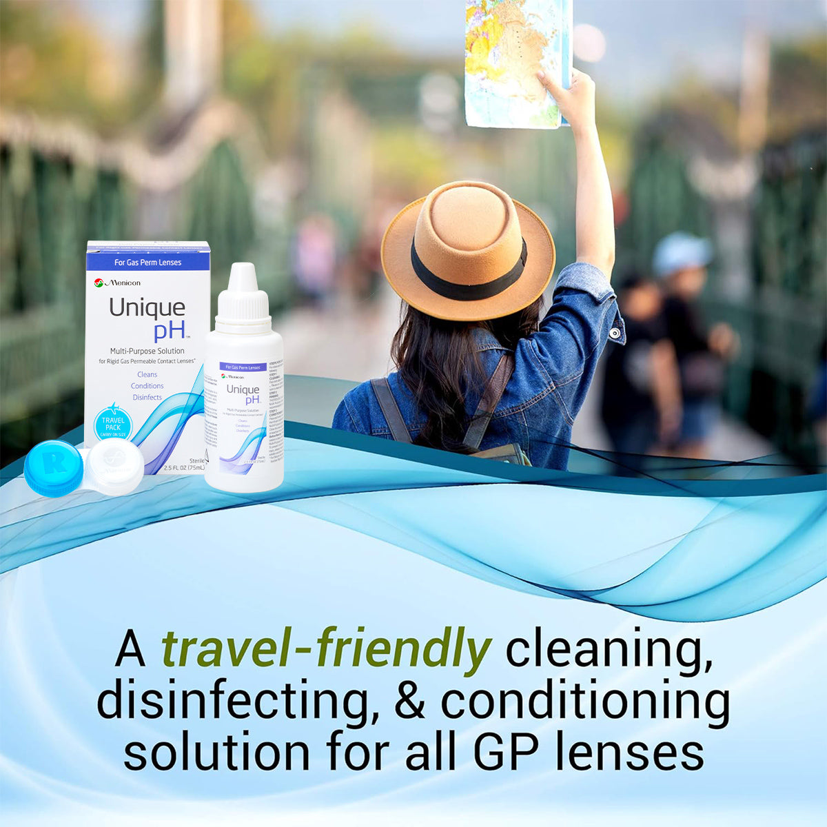 A person wearing a hat, holding a phone, stands on a bridge with their back to the camera. In the foreground, Menicon Unique pH Travel Kit ensures seamless travel by cleaning and disinfecting all gas permeable lenses (2.5 oz solution + case).