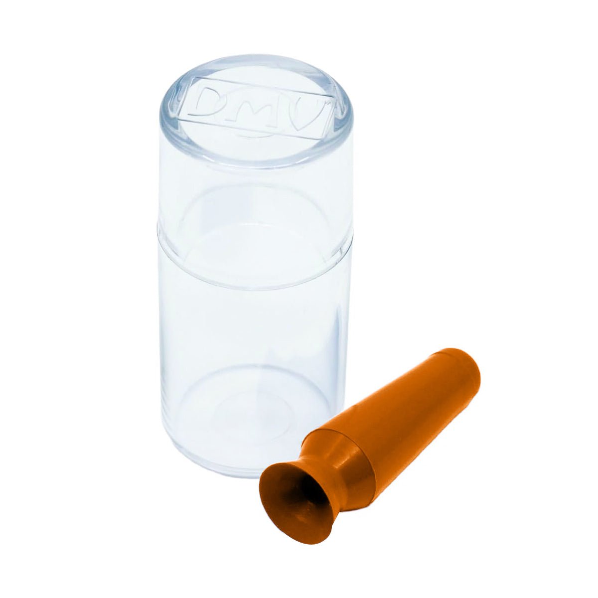Beside an orange DMV Scleral Cup Large Contact Lens Handler is a small, transparent cylindrical plastic container with a lid. The remover features a bulbous suction cup end for easy lens handling.