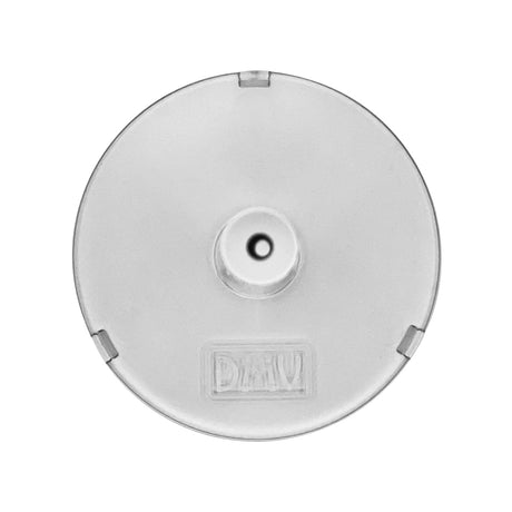 This white, round DMV scleral contact lens inserter stand has a small central hole with the embossed DHU logo. Resembling a lid, it features smooth surfaces and notches around the edge. Made in the USA, this product includes 1 vented scleral cup and stand for easy insertion.