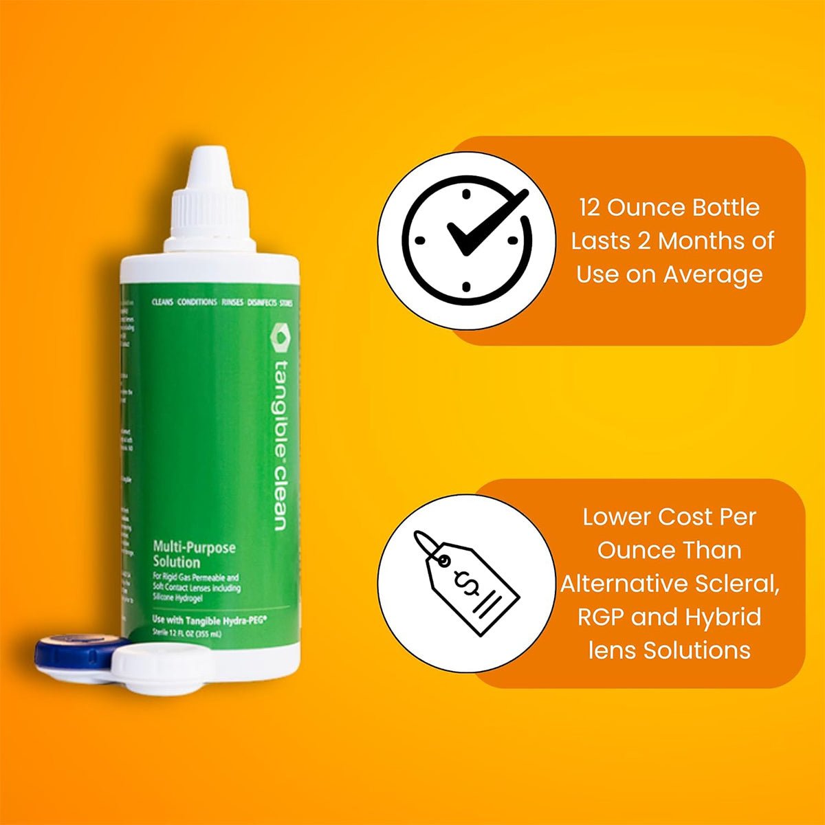 Image of a green Tangible Clean 12 oz bottle, part of a 2-pack for all lenses including Hydra-Peg coatings, on an orange background. Text highlights: 4 Month Supply and Lower Cost Per Ounce Than Alternative Scleral, RGP, and Hybrid Lens Solutions.