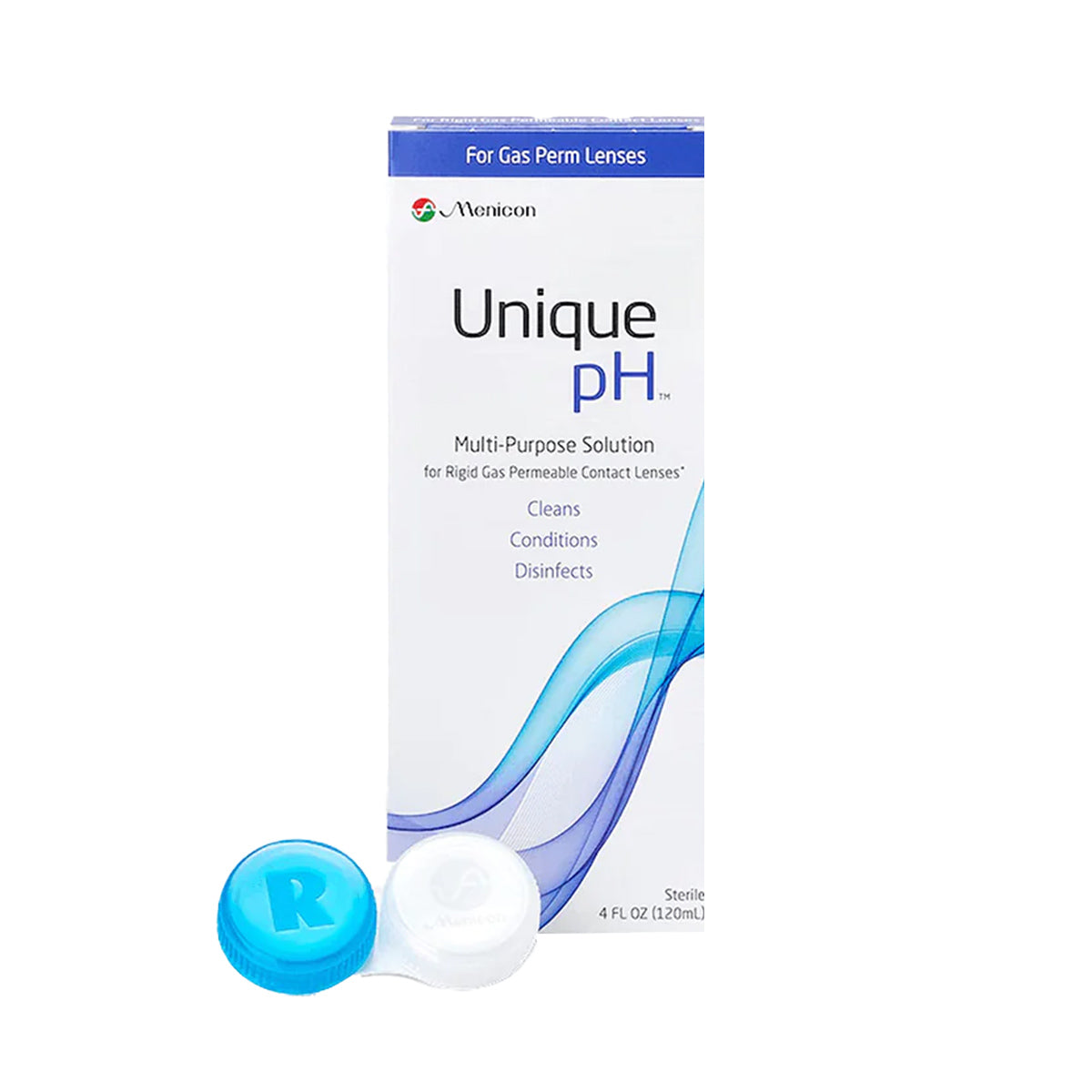 Image of a Menicon Unique pH Multipurpose Solution for Gas Permeable Contact Lenses 4 fl oz box, featuring a blue wave design. Includes contact lens case with blue and white R and L caps to reduce protein deposits and keep lenses fresh.