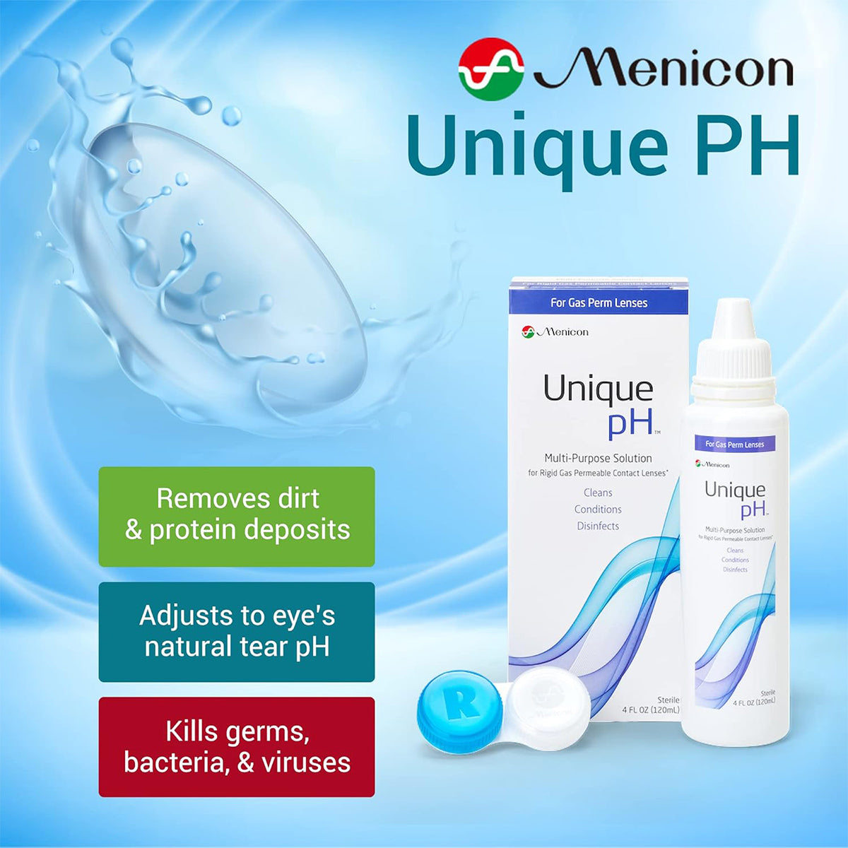 The Menicon Unique pH Multipurpose Solution for Gas Permeable Contact Lenses (4 fl oz) is highlighted for removing dirt and protein deposits, adjusting to eyes pH, and germ-killing properties. It includes a blue lens case and the packaging features a water splash backdrop with the Menicon logo.