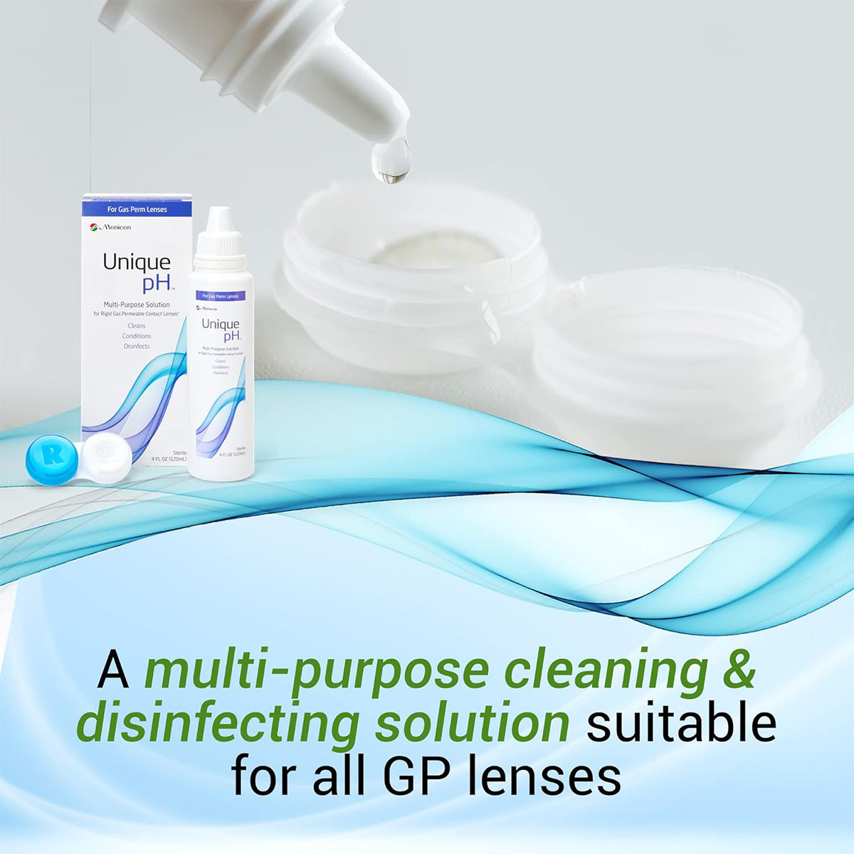 A bottle of Menicons Unique pH Multipurpose Solution for Gas Permeable Contact Lenses with a drop pouring into a lens case. The packaging is visible, highlighting its cleaning and disinfecting abilities, effectively removing protein deposits.