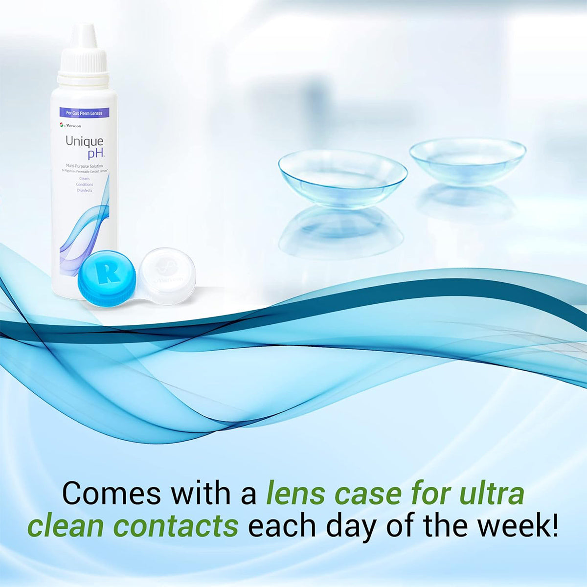 A Menicon Unique pH Multipurpose Solution for Gas Permeable Contact Lenses (4 fl oz) bottle stands next to an open lens case with blue and white R caps. Two transparent lenses are shown, with text below: Removes protein deposits daily! Suitable for gas permeable lenses!.