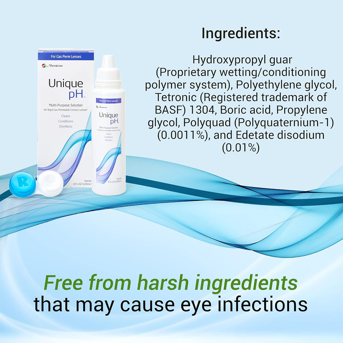The image shows Menicons Unique pH Multipurpose Solution for Gas Permeable Contact Lenses (4 fl oz/120ml) with a case. The text highlights that it is free from harsh ingredients that could cause eye infections, while effectively removing protein deposits.