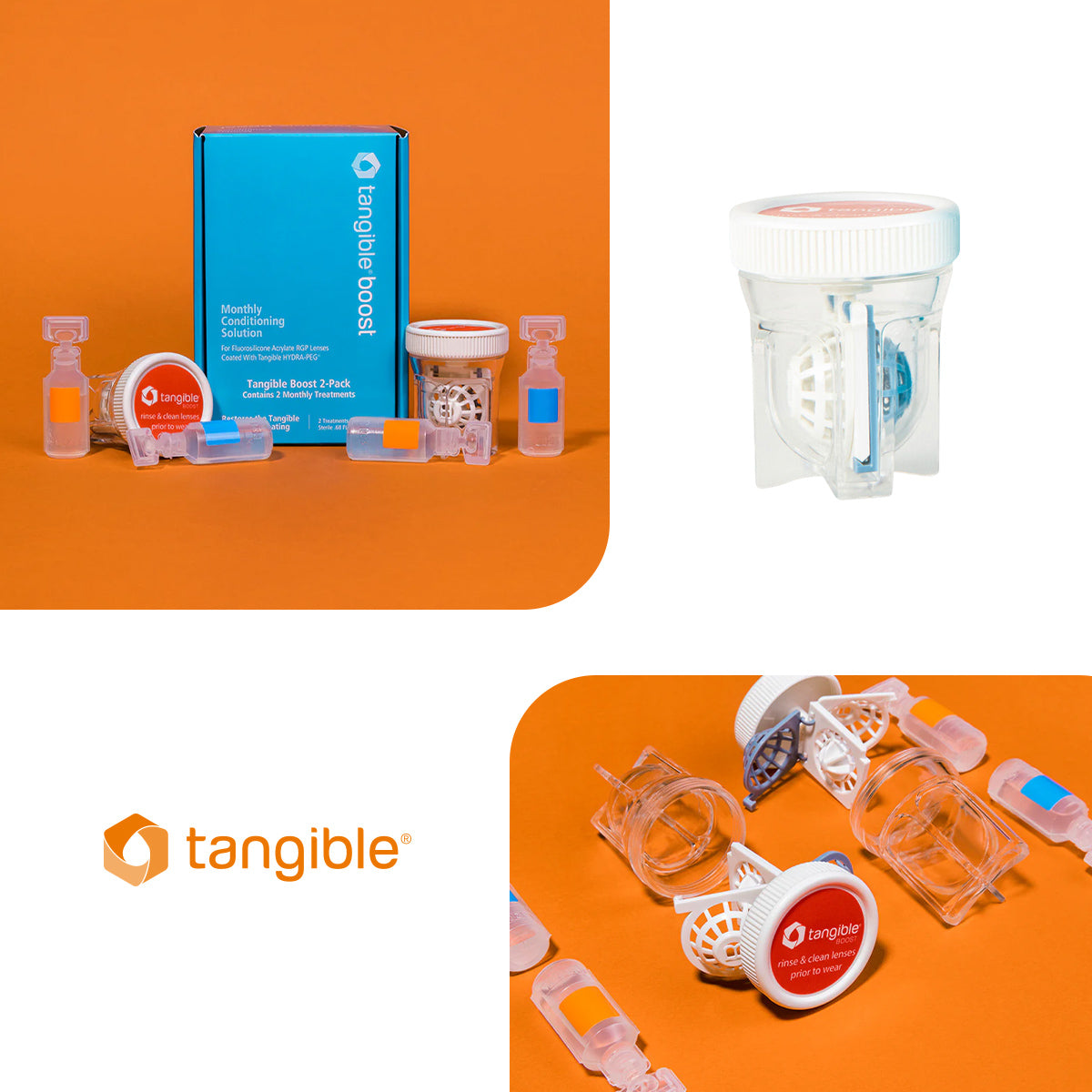 Two Tangible Boost packs are showcased against an orange background, offering restoration and maintenance for your Tangible Hydra-PEG-coated lenses. The logo is prominently featured in the bottom left corner.