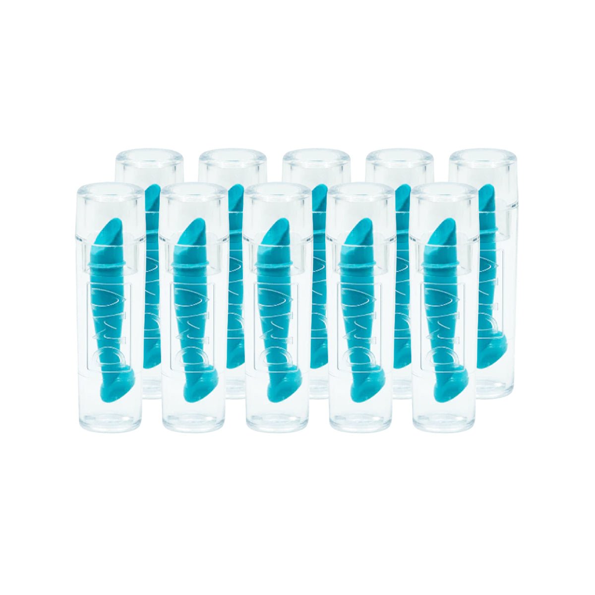 The DMV 45 Contact Lens Remover for RGP or Scleral, a 10-pack from DMV, comes in transparent plastic containers with blue silicone earplugs, ideal for scleral lens wearers seeking comfort and dependable noise reduction.