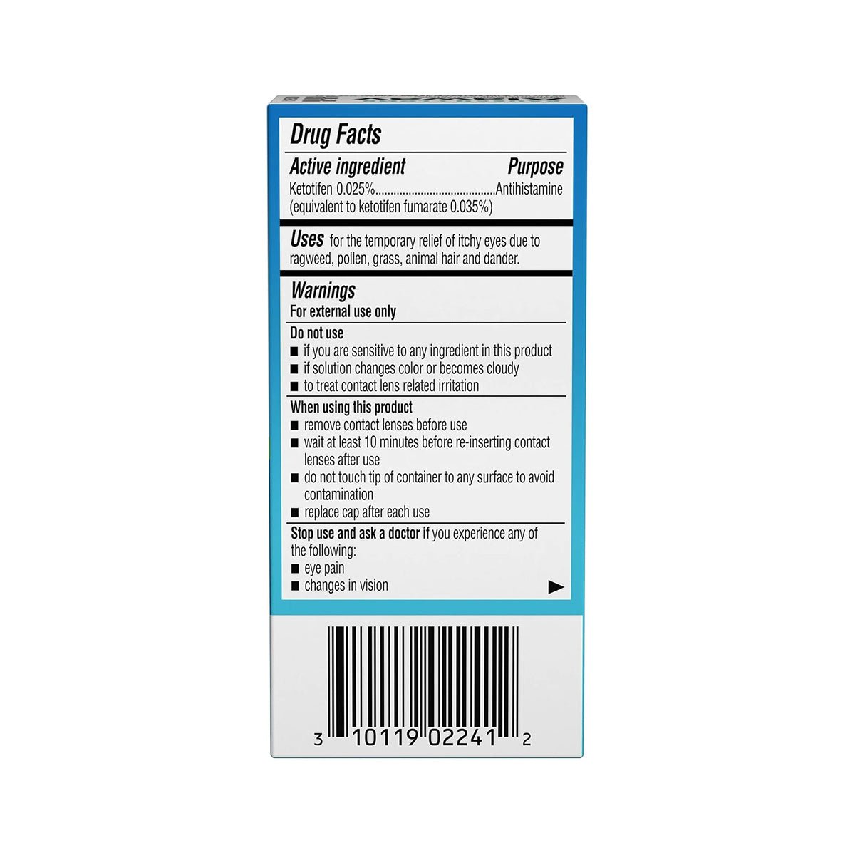 The Alaway Antihistamine Allergy Eye Drops (10mL, 60-day supply) box from Bausch + Lomb lists Ketotifen 0.025% as the active ingredient for quick relief of itchy eyes, along with drug facts, warnings, and directions. A barcode is located at the bottom.
