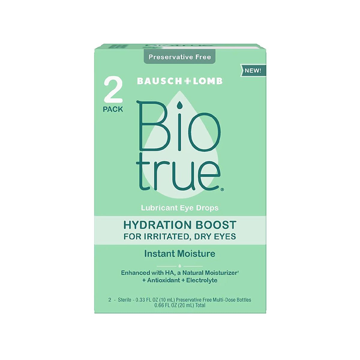 Biotrue Hydration Boost Eye Drops by Bausch & Lomb come in a green and white box. This 2-pack provides over 600 drops to soothe dry, irritated eyes with HA, an antioxidant, and electrolyte for instant moisture. Preservative-free and contact lens friendly.