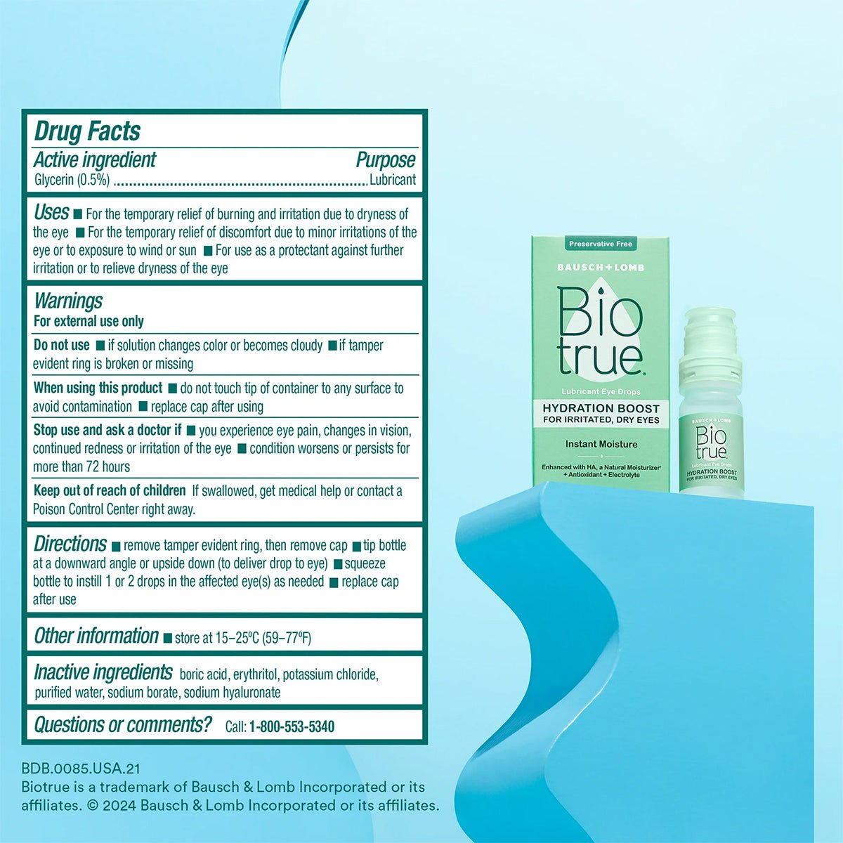 The Biotrue Hydration Boost Eye Drops by Bausch + Lomb include packaging details like propylene glycol 0.6% as the active ingredient, its purpose for dry eyes, warnings, directions, and manufacturer contact information.