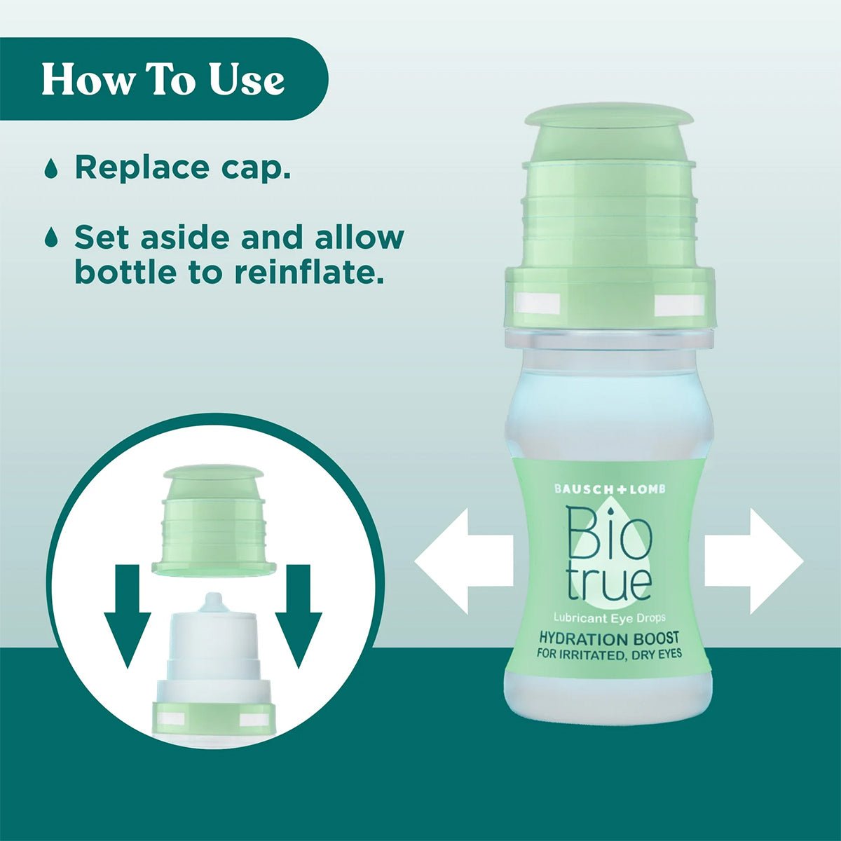 How to use Bausch + Lomb Biotrue Hydration Boost Eye Drops: After applying, replace the cap and let the 10 mL bottle reinflate to soothe dry eyes. The image shows both opened and closed bottles, perfect for soft contact lens wearers. Pack of 2 provides over 600 preservative-free drops.