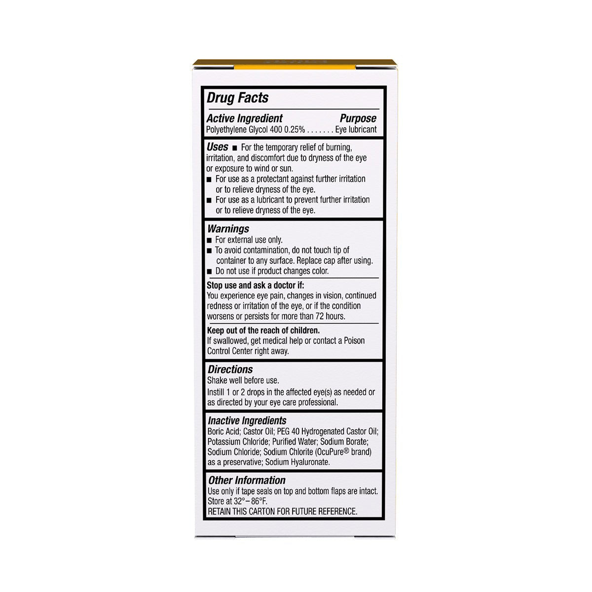 Image of a Blink Triple Care 3 in 1 Eye Drops box by Bausch + Lomb showing drug facts, highlighting the active ingredient polyethylene glycol for hydrating and relieving dry eyes, with warnings, directions, and inactive ingredients. Safety information and instructions are included.