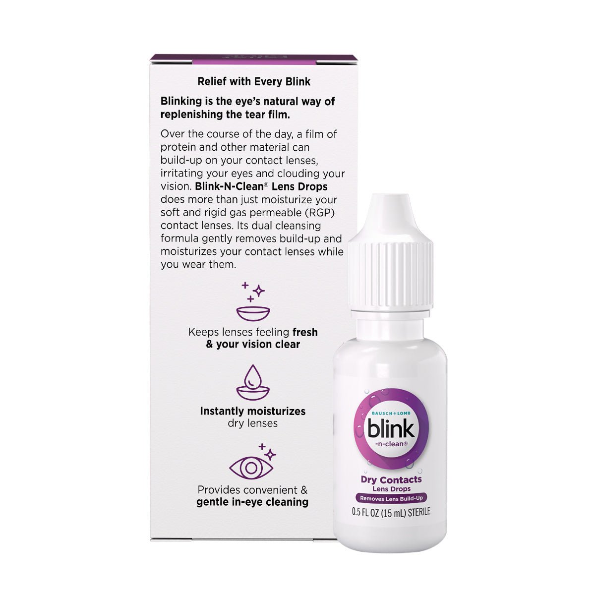 The Blink-N-Clean Lens Drops (15ml) by Bausch & Lomb offer a lens lubricating solution to prevent protein build-up and moisturize contacts for clarity. The white bottle with a purple cap holds 0.5 fl oz of ideal drops for dry lenses.