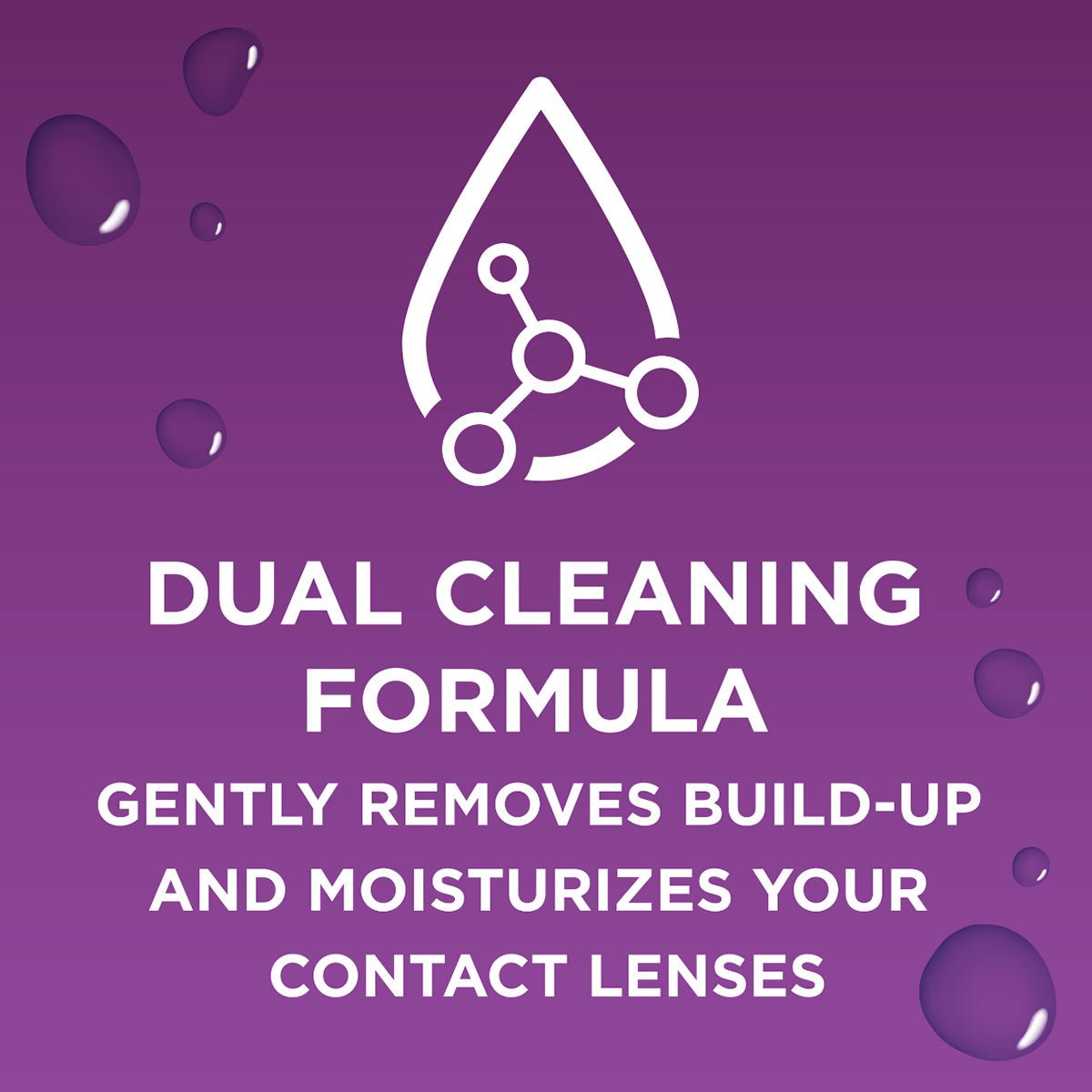 A purple background features white text and molecule-like droplets saying: DUAL CLEANING FORMULA GENTLY REMOVES BUILD-UP AND MOISTURIZES YOUR CONTACT LENSES. Scattered droplets enhance the design. Suitable for Bausch + Lomb Blink-N-Clean Lens Drops (15ml) users.