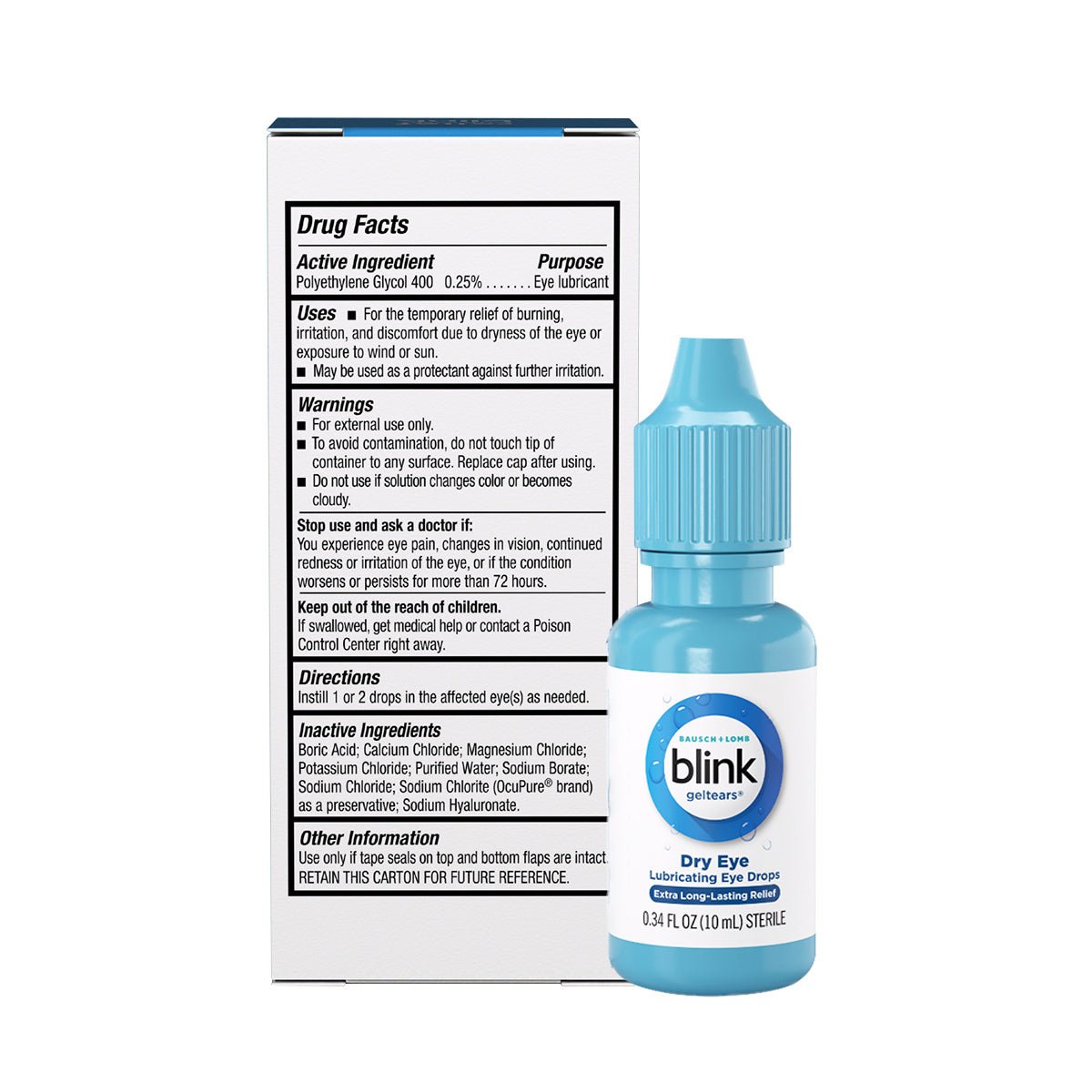 A blue bottle of Bausch + Lombs Blink Gel Tears Lubricating Eye Drops for dry eyes relief is displayed in front of its packaging, which highlights Polyethylene Glycol 400 as the active ingredient and its purpose as an eye lubricant. Each bottle contains 10 mL, sold in a 2-pack.