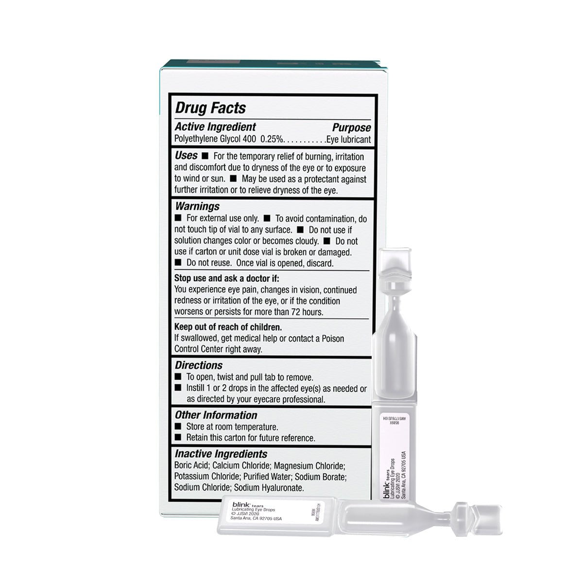 Bausch + Lombs Blink Tears Preservative-Free Lubricating Eye Drops 50ct Vials (2 x 25) 2-pack is shown on a white background. The box displays drug facts, ingredients, usage instructions, and warnings. Translucent vials feature labels and pointed caps for easy dispensing.