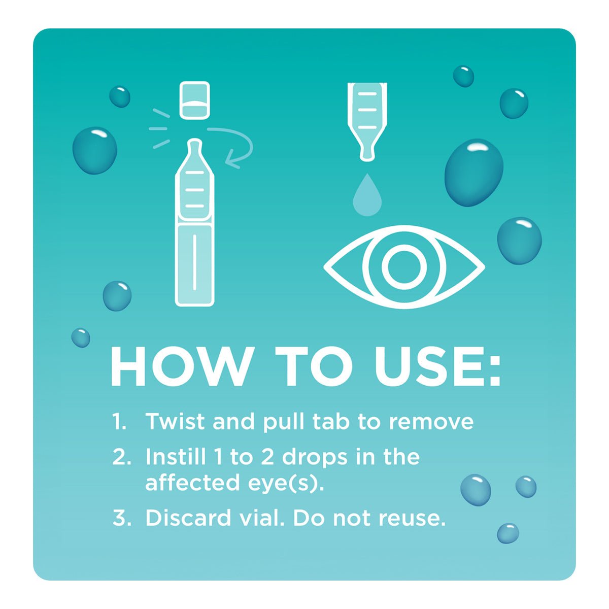 For dry eye relief, use Bausch + Lomb Blink Tears Preservative Free Lubricating Eye Drops. Twist and pull the tab to open a vial and instill 1-2 drops in affected eyes. Discard vial after use; do not reuse. Eye icon and water droplets highlight comfort on packaging.