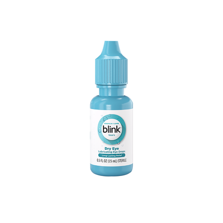 A small blue plastic bottle of Bausch + Lombs Blink Tears Lubricating Eye Drops provides relief for dry eyes with 0.5 fl oz (15 mL) of drops and features a ribbed cap for easy grip.