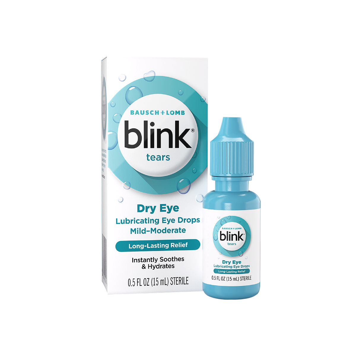 Image of Blink Tears Lubricating Eye Drops by Bausch & Lomb, highlighting Dry Eye for long-lasting relief. This 0.5 fl oz (15 mL) bottle effectively alleviates mild to moderate dry eyes and works as an eye lubricant.