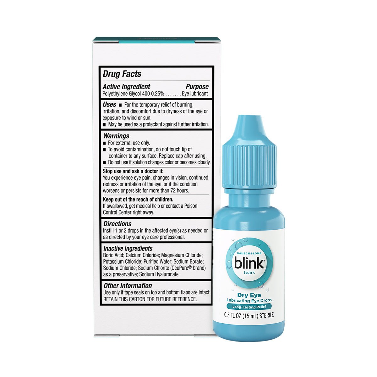 A blue bottle of Blink Tears Lubricating Eye Drops by Bausch + Lomb, with a pointed cap, 0.5 fl oz (15 mL), rests beside a box detailing drug facts and instructions for dry eyes.