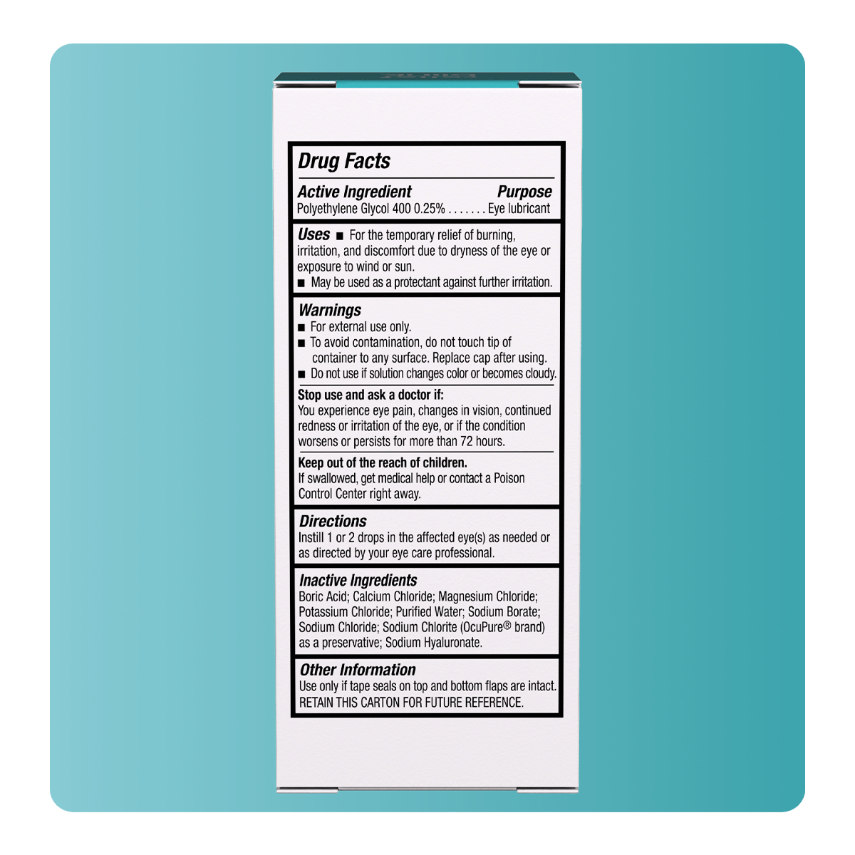 The Blink Tears Lubricating Eye Drops by Bausch + Lomb have a drug facts label detailing active and inactive ingredients, uses for dry eyes, warnings, and directions on a soothing gradient blue background.