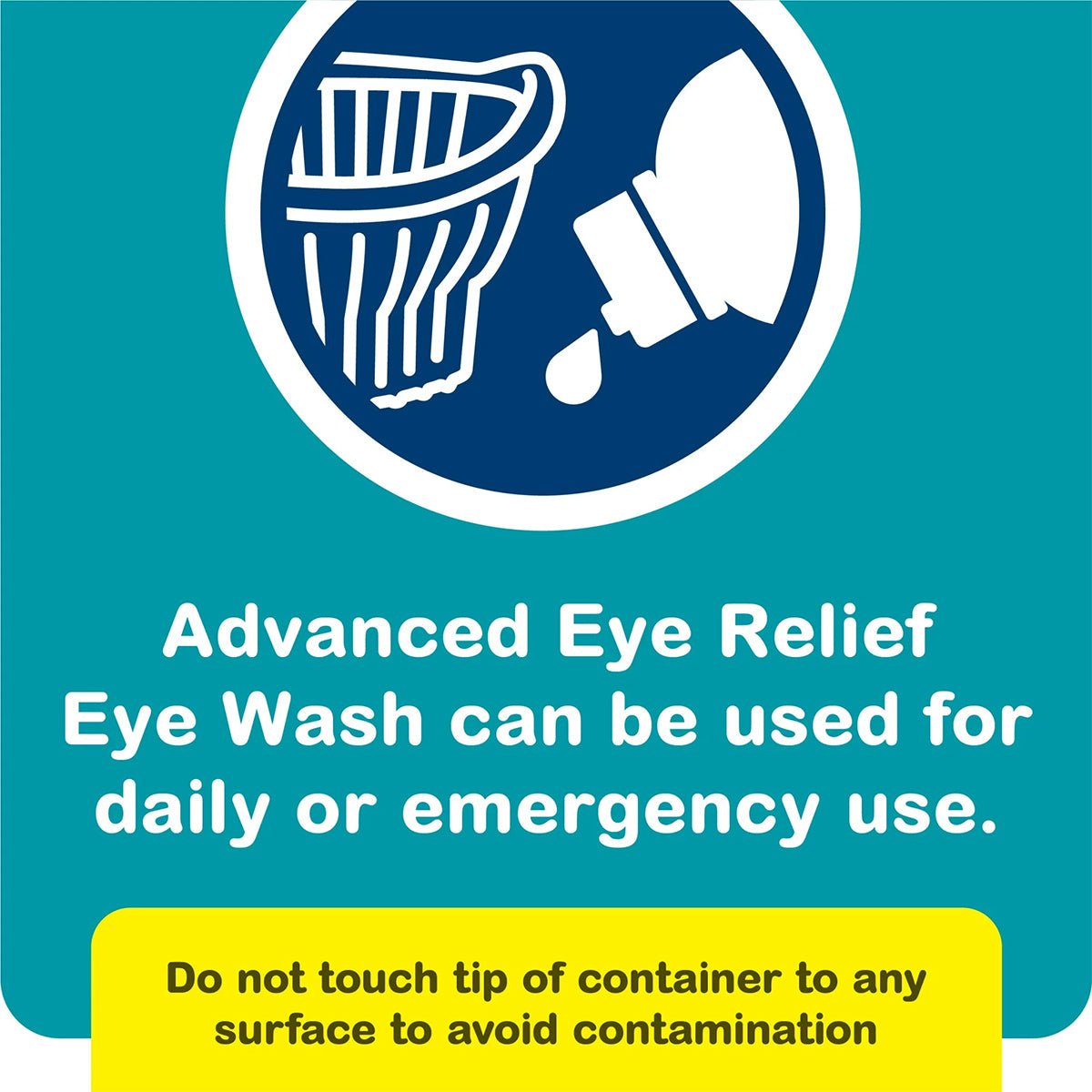 An illustration shows a Bausch + Lomb Advanced Eye Relief Eye Wash (4 oz) bottle labeled for gentle cleansing and relief from daily or emergency eye irritation. Warning: Avoid touching the container tip to any surface to prevent contamination.