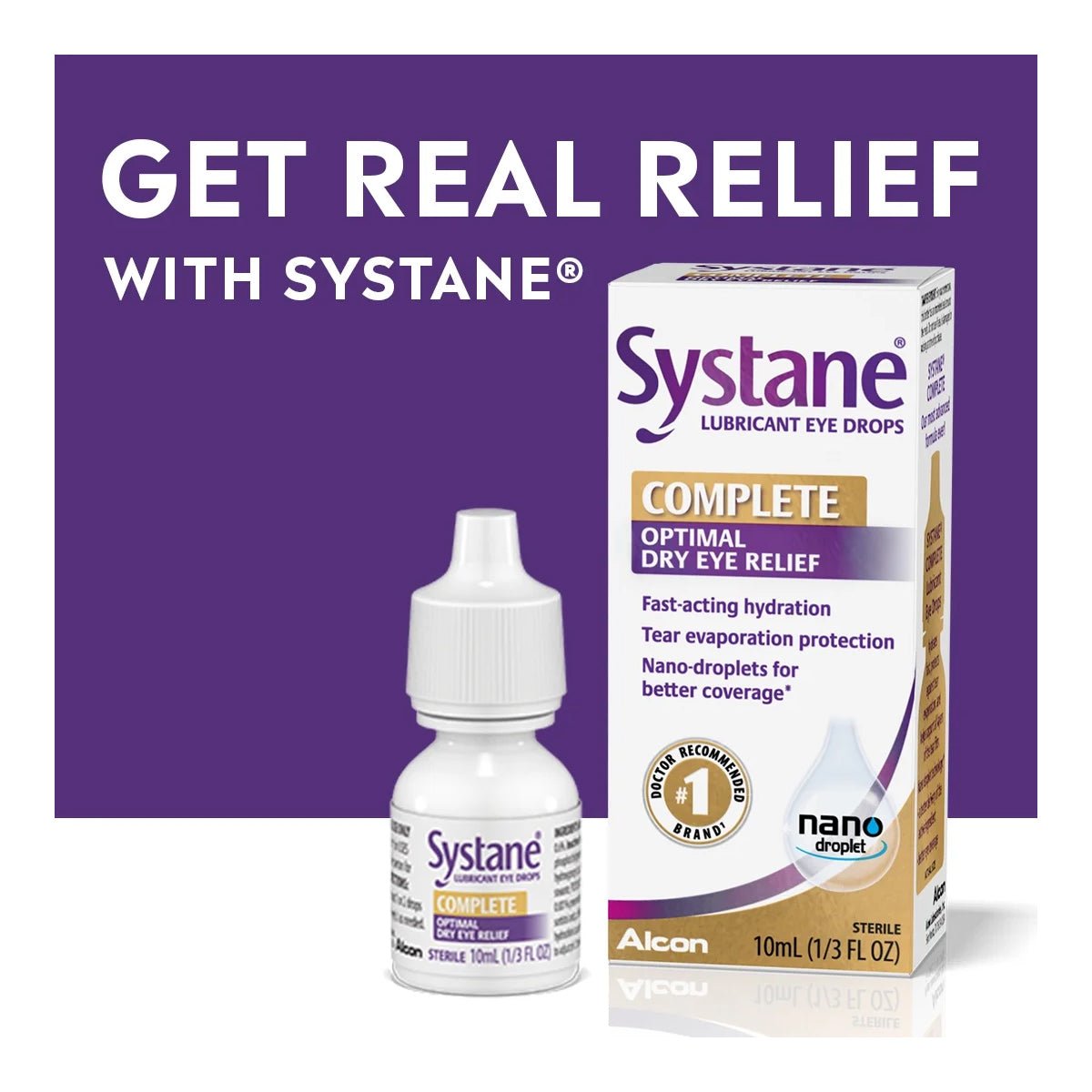 The image features a Systane Complete, Lubricant Eye Drops (10ml Bottle) by Alcon set against a purple background. Text reads: Get real relief with Systane. Complete optimal dry eye relief, emphasizing fast-acting hydration and tear evaporation protection using advanced Nano-Droplet Technology.