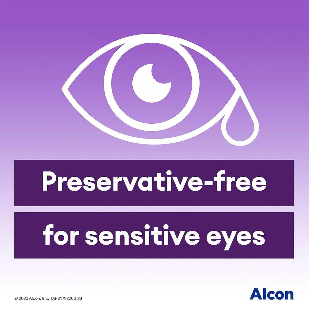 An illustration of an eye with a teardrop on a purple background includes text saying Preservative-free for sensitive eyes and dry eye relief. The Alcon logo is at the bottom right corner, promoting Systane Complete Preservative-Free Lubricant Eye Drops (30ct Vials).