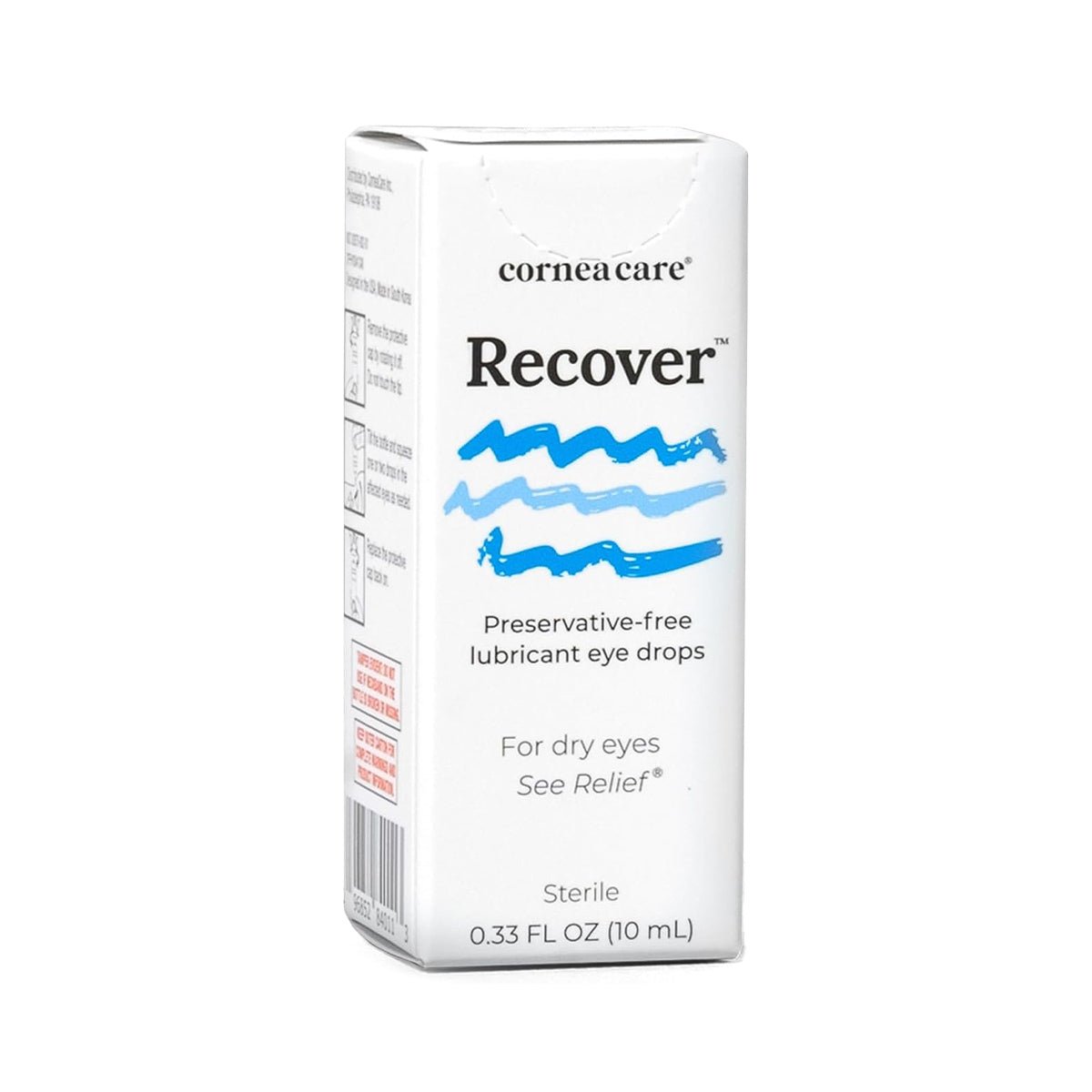 CorneaCares Recover Preservative-Free Artificial Tears promise relief for dry, irritated eyes with a sterile solution. The white box emphasizes See Relief, delivering comfort in a 10mL multi-dose bottle.