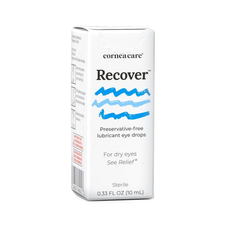 CorneaCares Recover Preservative-Free Artificial Tears promise relief for dry, irritated eyes with a sterile solution. The white box emphasizes See Relief, delivering comfort in a 10mL multi-dose bottle.