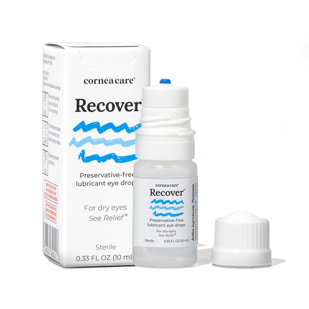 A small bottle of CorneaCare Recover Preservative-Free Artificial Tears (10mL Multi-Dose Bottle) is beside its packaging. The white box and bottle feature blue waves and text, highlighting advanced hydration and soothing relief for dry, irritated eyes. The cap rests in front.
