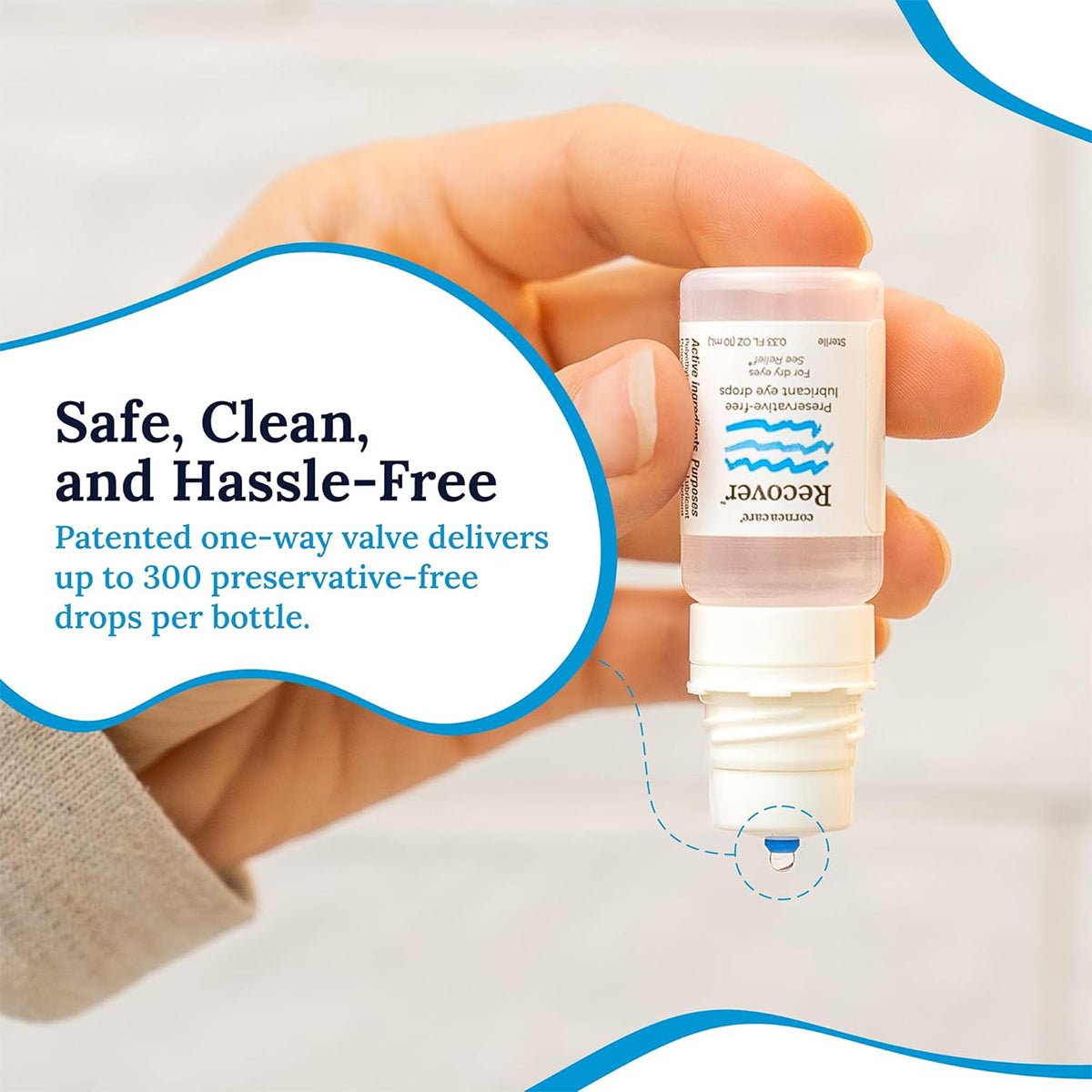 A hand holds an open 10mL bottle of CorneaCares preservative-free artificial tears, with a drop falling from the nozzle. The image reads: Safe, Clean, and Hassle-Free. Patented one-way valve delivers up to 300 drops for effective relief of dry, irritated eyes.