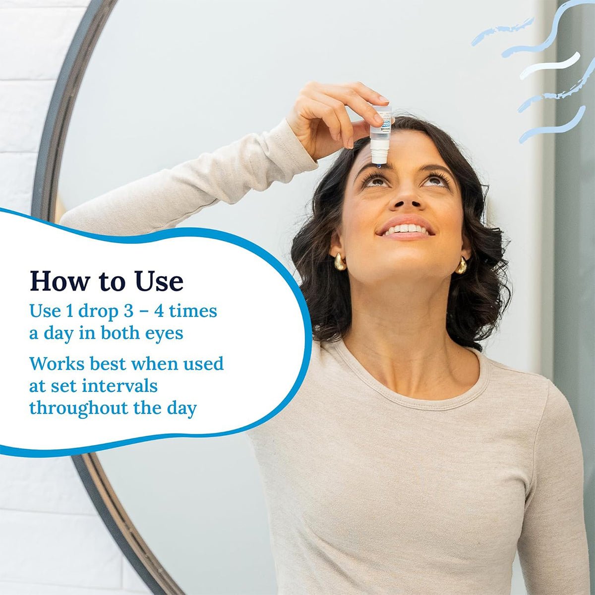 A person in a light shirt uses CorneaCare Recover Preservative-Free Artificial Tears while looking upwards. A blue-bordered text box reads: Use 1 drop 3-4 times daily in both eyes for relief from dry, irritated eyes. Optimal results when used at set intervals. Wavy blue lines are on the right.