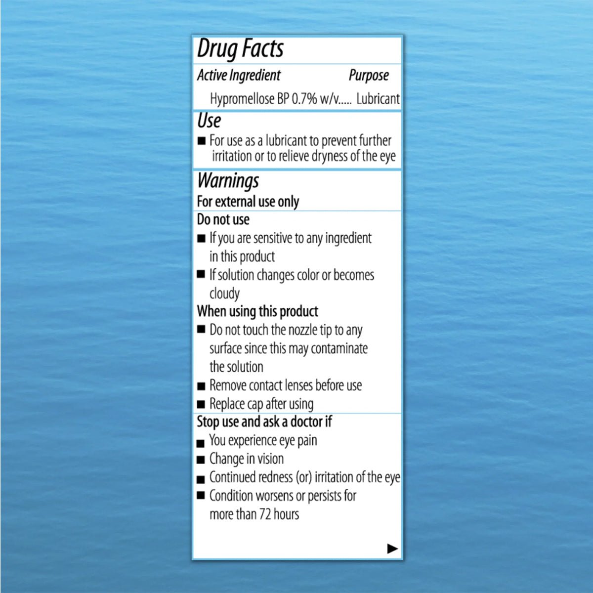 The blue drug facts label on Focus PI Eye Drops by Focus Vitamins details active ingredients for Dry Eye Relief, including lubricant. It includes warnings like for external use only, advises when to discontinue use and consult a doctor, and is ideal for soothing post-injection eye irritation.