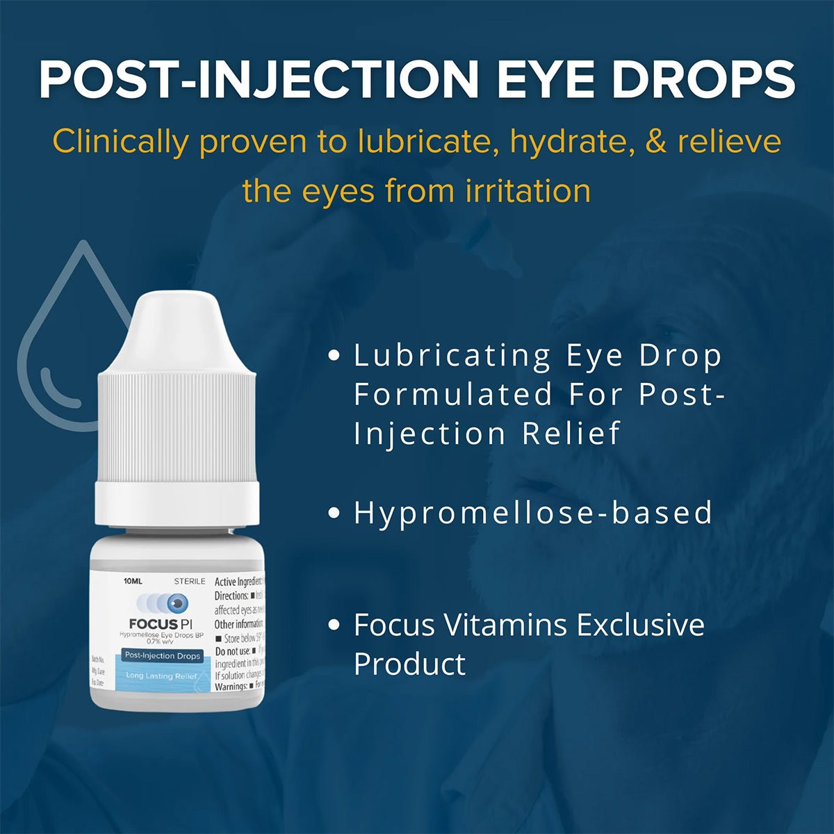The Focus PI Eye Drops (10ml bottle) by Focus Vitamins, offering long-lasting hydration and relief for dry eyes and post-injection irritation, sit against a blue background.