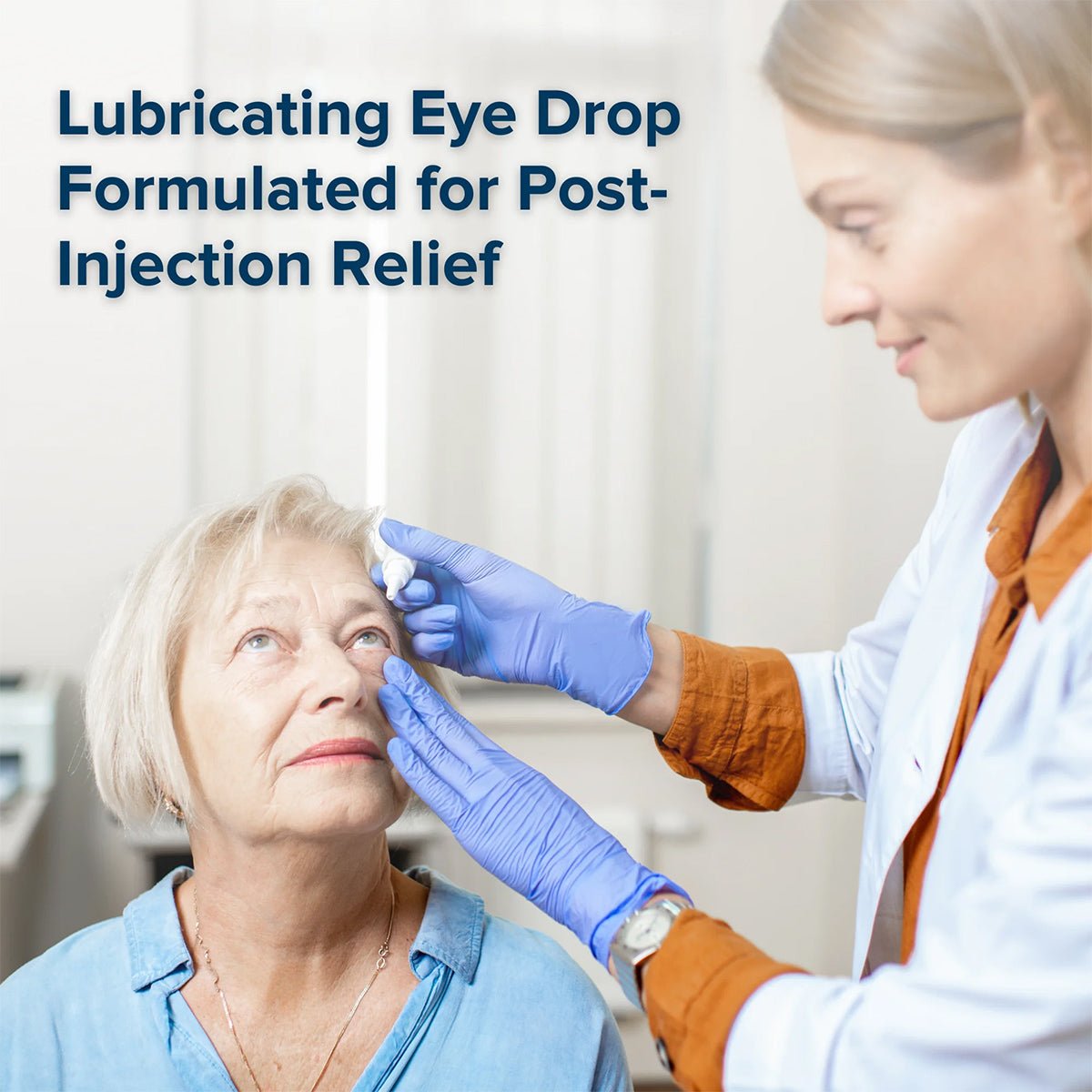 In a clinical setting, a healthcare professional in gloves uses Focus PI Eye Drops (10ml Bottle) by Focus Vitamins to provide long-lasting hydration for an older woman experiencing post-injection eye irritation and dry eye relief.