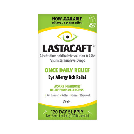 The image shows a Lastacaft Once Daily Eye Allergy Itch Relief Drops Twin Pack (2x5mL, 120 Day Bottle) by Abbvie. Its an effective, non-prescription antihistamine solution for eye itchiness from allergens like pollen and pet dander.