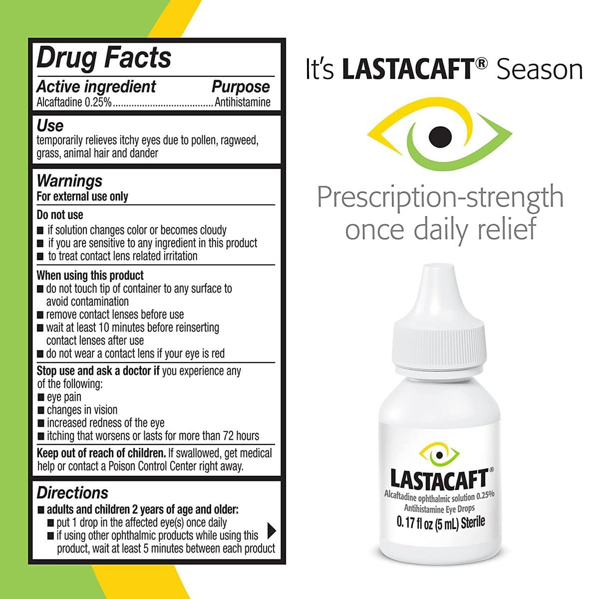 Image of Lastacaft Once Daily Eye Allergy Itch Relief Drops (Twin Pack 2x5mL, 120 Day Bottle) by Abbvie packaging features drug facts, usage warnings, instructions, Prescription-strength once daily relief text, and eye graphic. Includes a small bottle highlighting swift allergy itch relief.