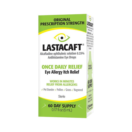 Lastacaft Once Daily Eye Allergy Itch Relief Drops (5mL 60 Day Bottle) offers fast-acting relief from allergy symptoms.