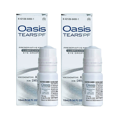 Two Oasis Tears lubricant eye drops bottles are showcased in front of their packaging. Each 10 ml bottle, preservative-free and glycerin-based, is designed by Oasis Medical to relieve dry eyes effectively. The 2-pack includes multi-drop bottles with a total of 600 drops.