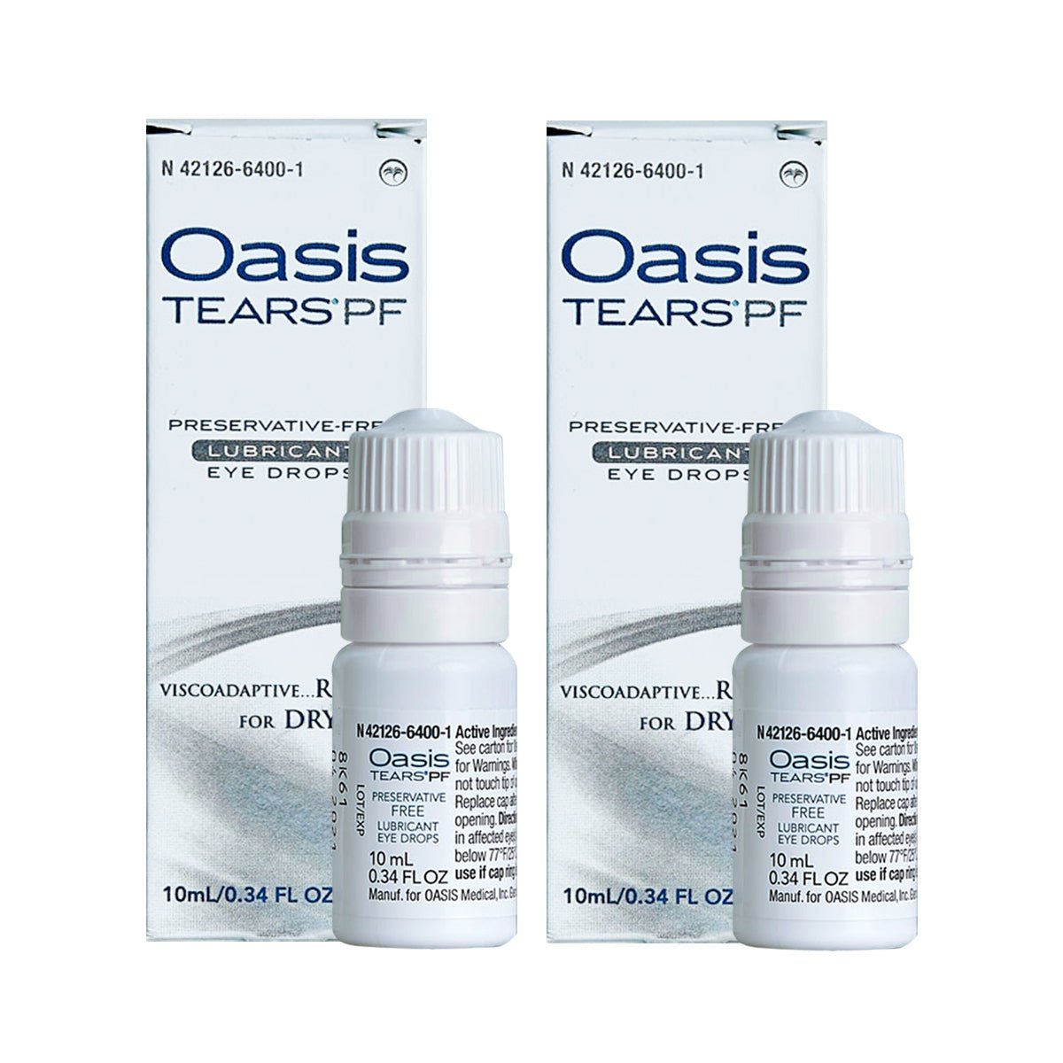 Two Oasis Tears lubricant eye drops bottles are showcased in front of their packaging. Each 10 ml bottle, preservative-free and glycerin-based, is designed by Oasis Medical to relieve dry eyes effectively. The 2-pack includes multi-drop bottles with a total of 600 drops.