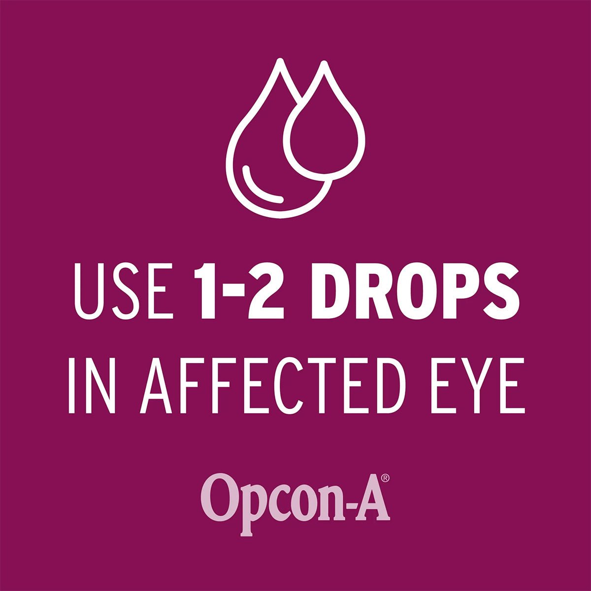 A maroon-themed design with a white eye drop graphic states: Apply 1-2 drops to affected eye for allergy relief. Branding shows: Bausch + Lomb, Opcon-A antihistamine eye drops (15mL).