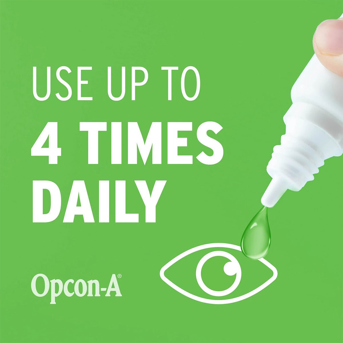 Green advertisement for Bausch & Lomb Opcon-A (15mL): Allergy relief, up to 4 times daily. Image: hand holding antihistamine eye drop bottle over stylized eye.