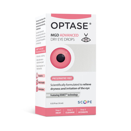 Optase MGD Advanced Eye Drops, preservative-free, 0.33 fl oz, soothe dryness and irritation with DEMET technology and a lipid-based formula for Meibomian Gland Dysfunction. It follows three steps: heat, cleanse, hydrate. The box is mostly white with pink accents.
