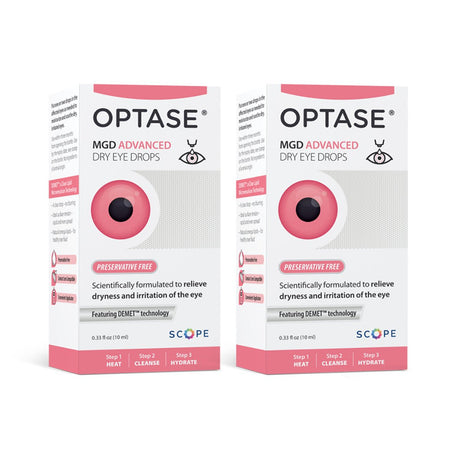 Two boxes of Optase MGD 2-pack Advanced Eye Drops are shown, each featuring a pink lid, eye graphic, and details emphasizing its preservative-free formula with DuraTear technology, perfect for relieving dryness and irritation due to Meibomian Gland Dysfunction.