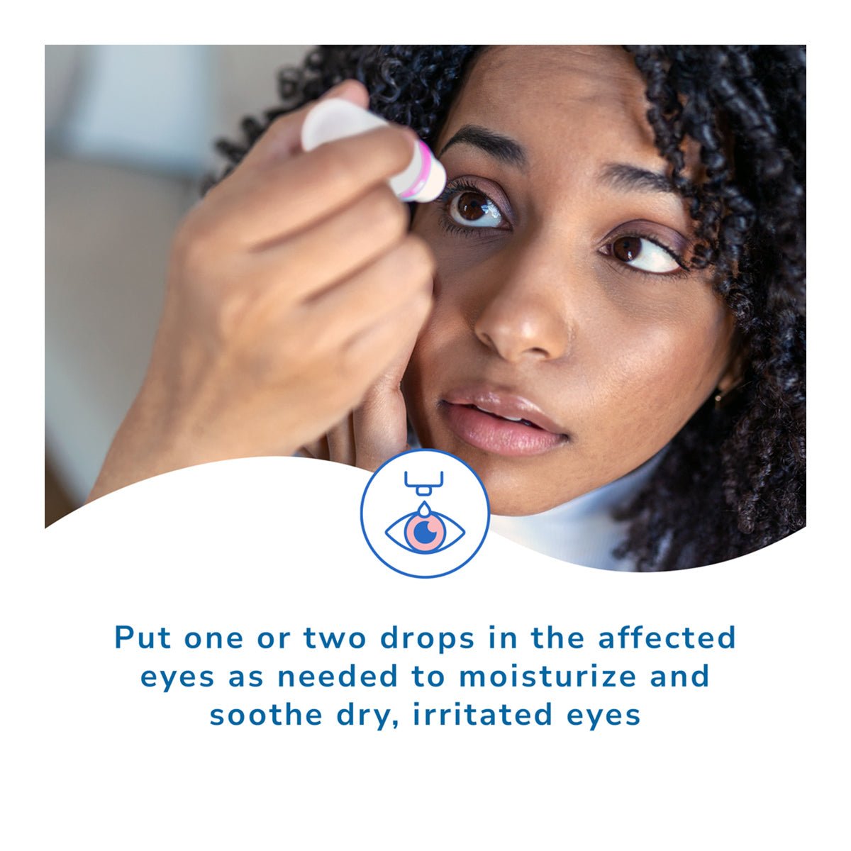 A curly-haired person applies Optase MGD Advanced Eye Drops while looking up. An eye illustration shows a drop above, with text recommending 1-2 drops to soothe dry eyes, especially effective for Meibomian Gland Dysfunction.